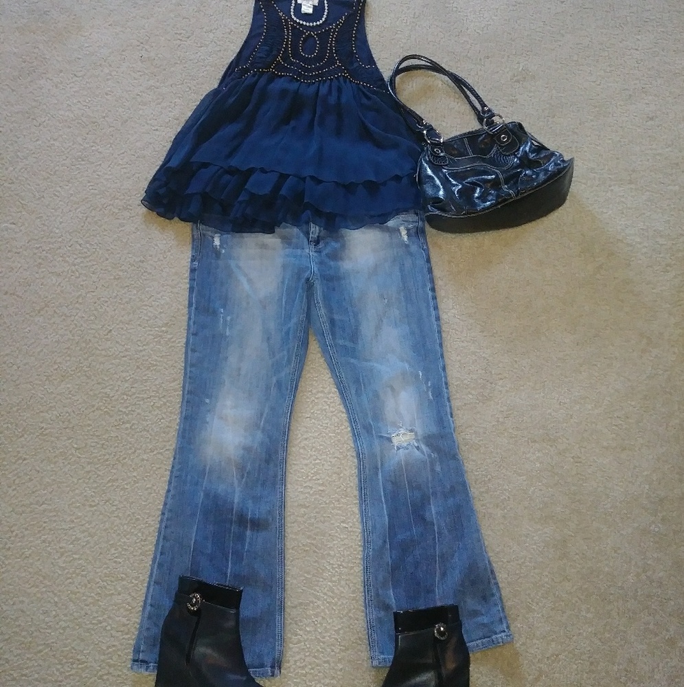 Like New Freeway Navy Crochet Beaded Tank Top